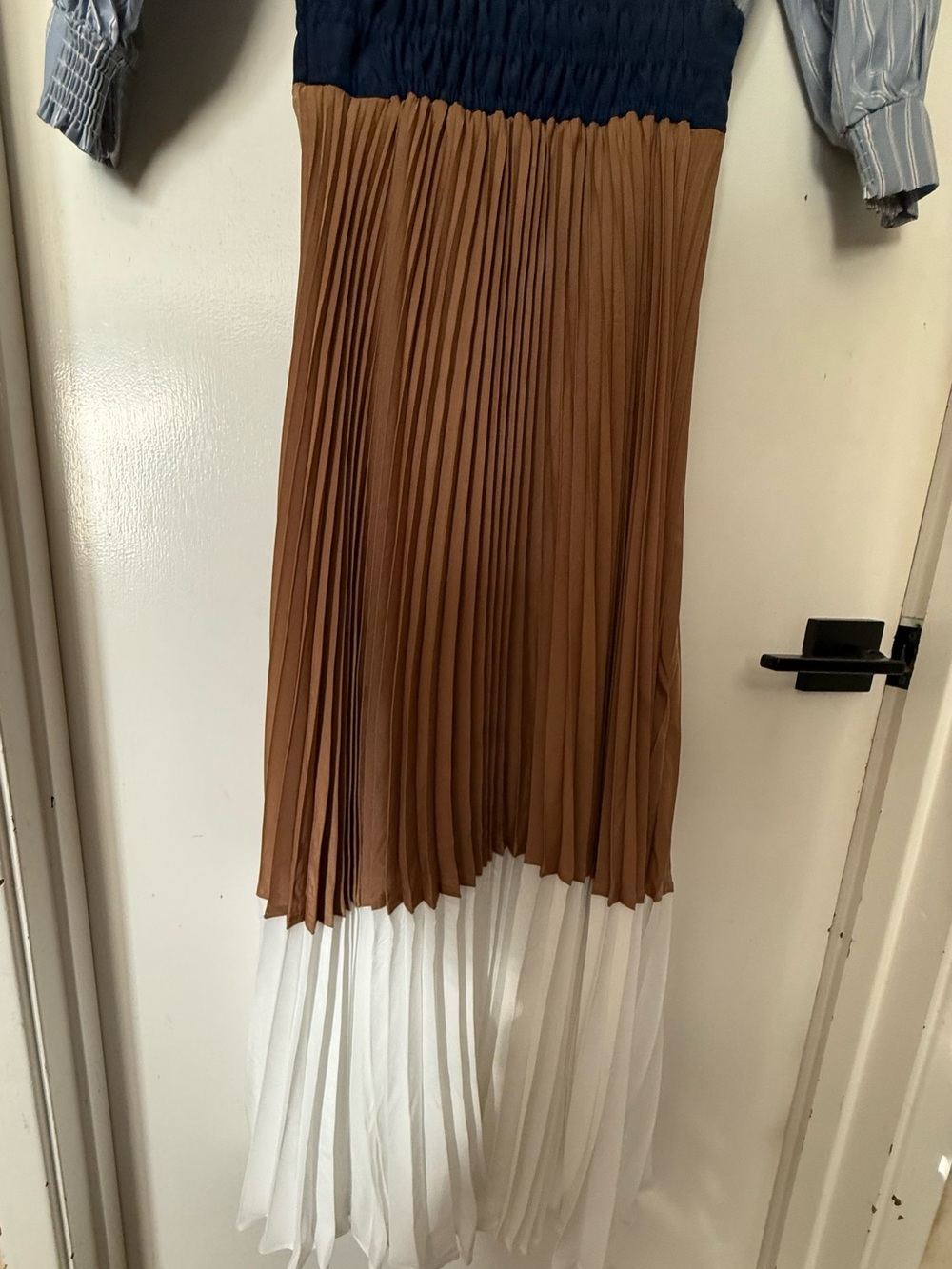 Anthropologie Striped Blue Shirt Top, Navy Waist, Camel & White pleat skirt - Picture 6 of 8